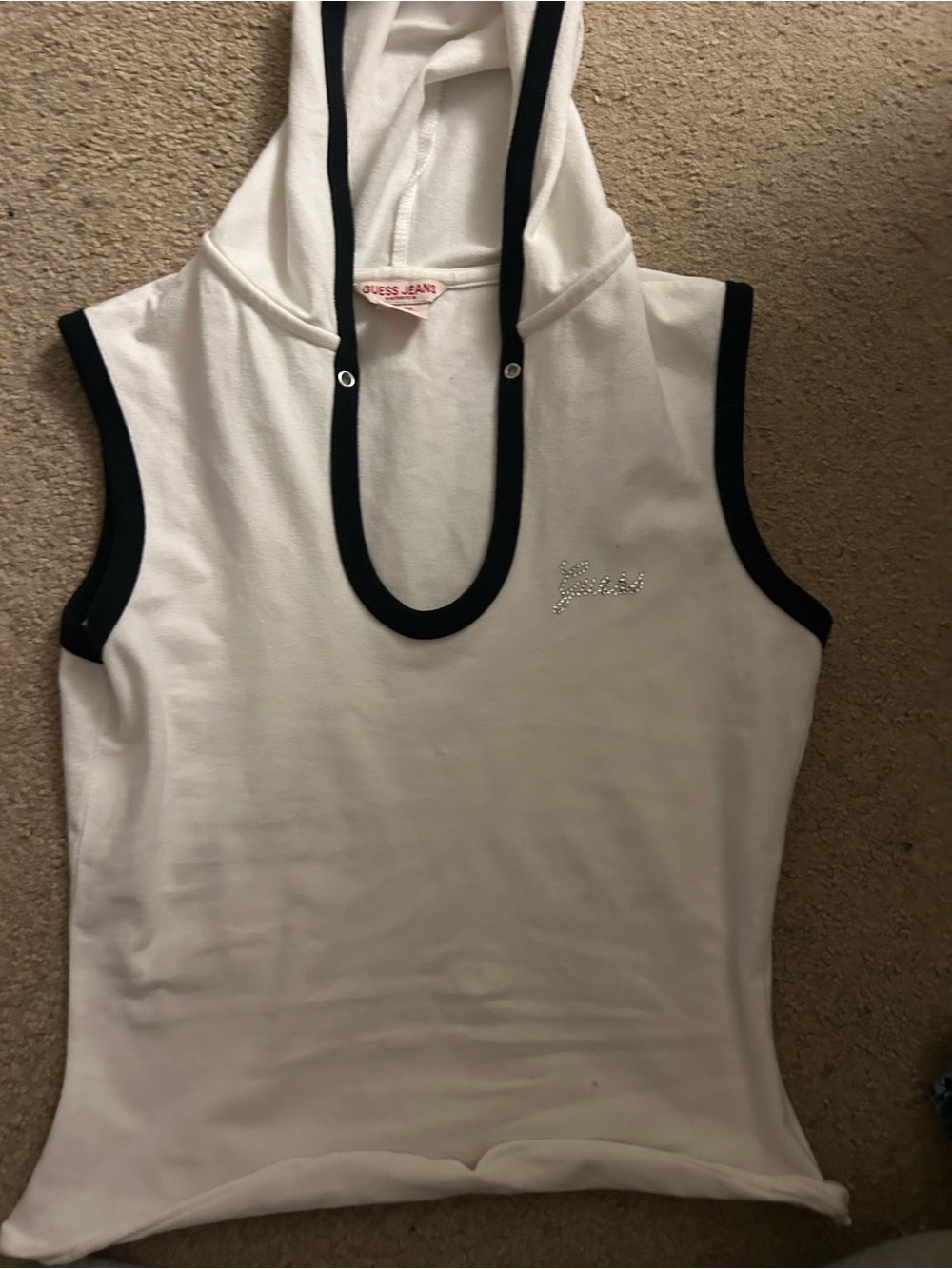 GUESS White Hooded Sleeveless Tank with Black Trim